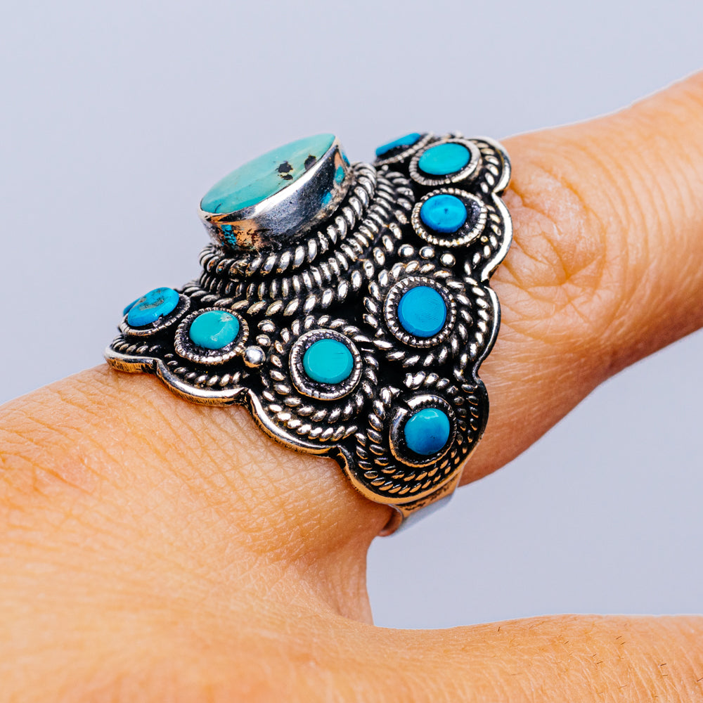 Tibetan Made Vintage Turquoise Ring Size 8 (.925 Sterling Silver)