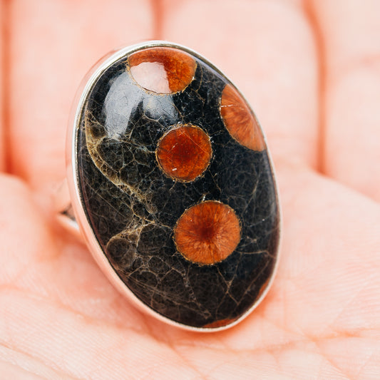 Sterling silver obsidian ring, oval face with orange circular spots; size 8.5