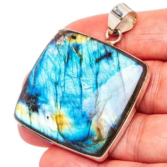 Square labradorite pendant with blue flash set in .925 sterling silver frame