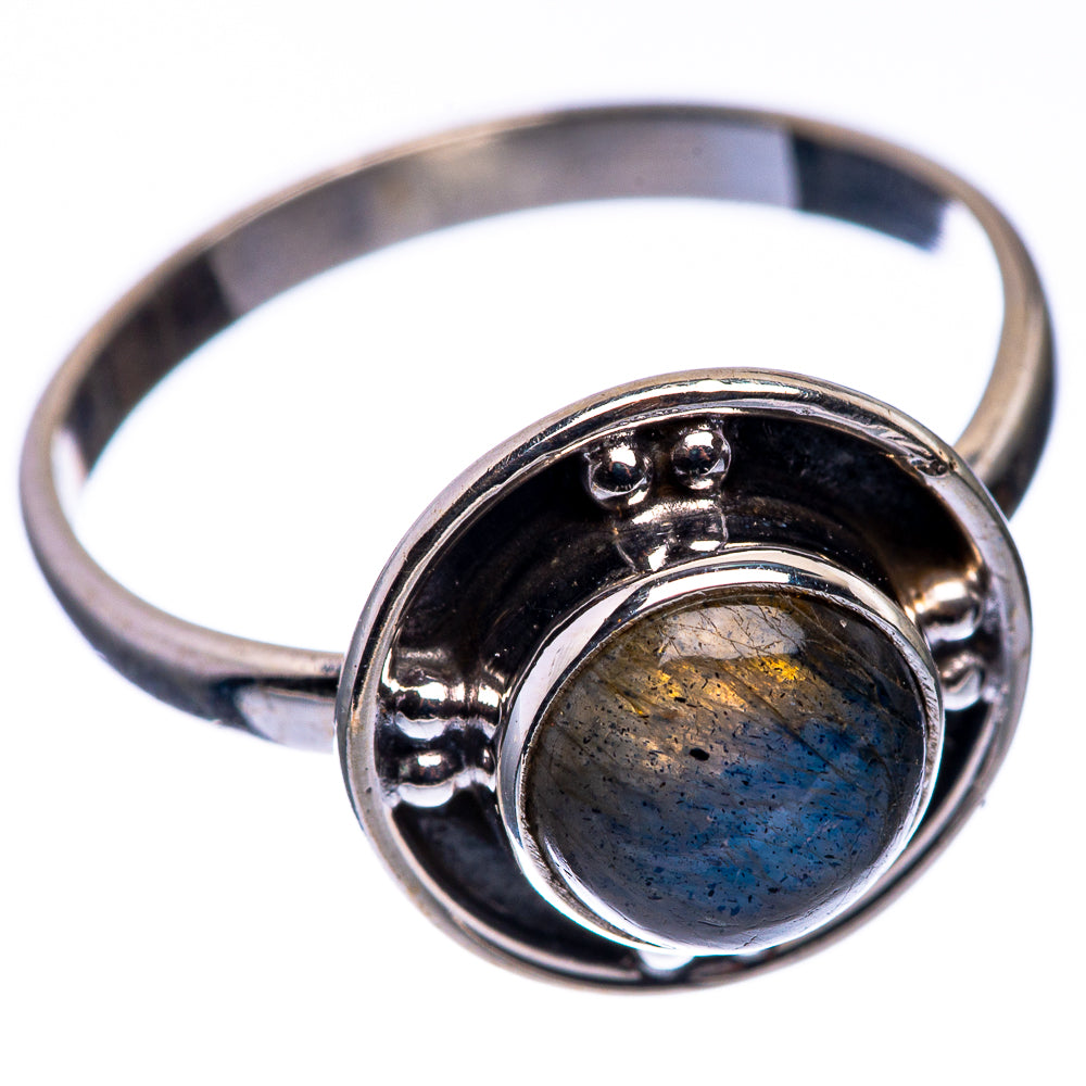 Sterling silver ring with oval labradorite cabochon and open band detail, size 7