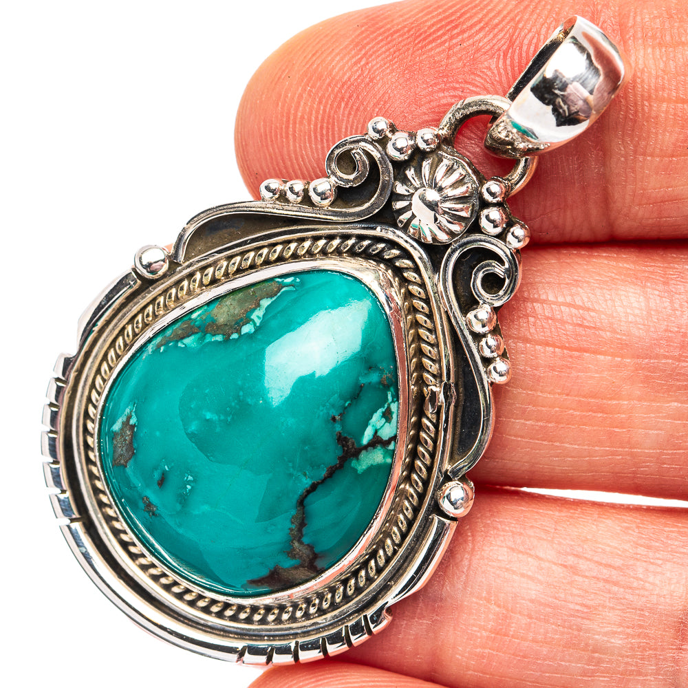 Premium Tibetan Turquoise Pendant 1 7/8" (.925 Sterling Silver)