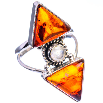 Large Baltic Amber, Rainbow Moonstone Ring Size 9 (925 Sterling Silver) R142341