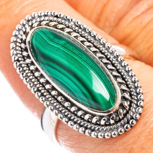 Sterling silver malachite oval ring with textured beaded frame