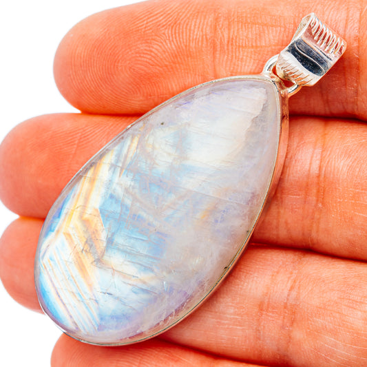 Teardrop moonstone pendant with iridescent rainbow sheen, .925 sterling silver bail