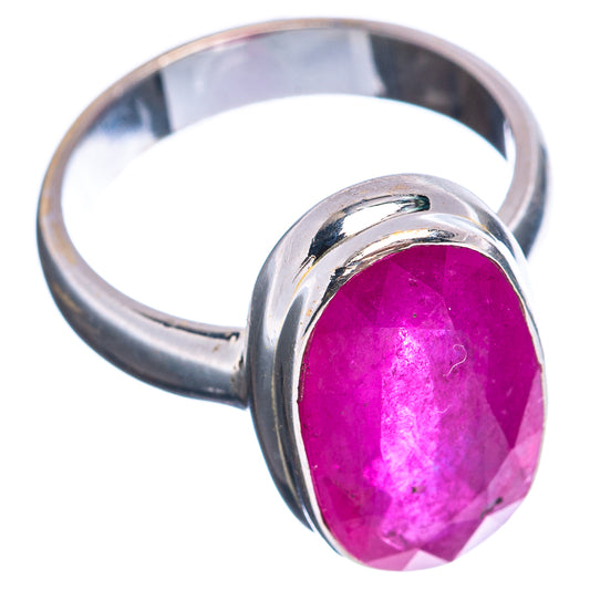 Sterling silver oval pink glass-filled ruby ring with rounded bezel, size 6.