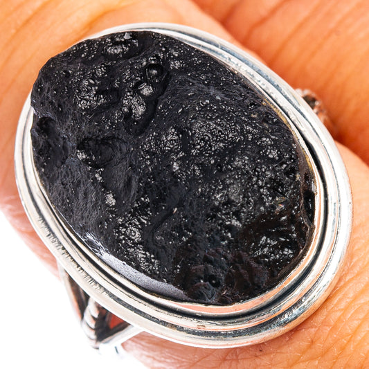 925 sterling silver tektite ring, oval black stone, size 8.25, high-polish bezel