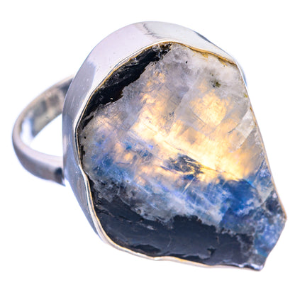 Large silver ring with iridescent rainbow moonstone teardrop cabochon, size 10.5