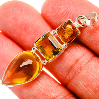 925 sterling silver amber-citrine pendant with faceted square stones and amber teardrop