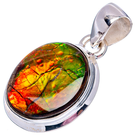 Round ammolite pendant in .925 sterling silver with attached bail for necklace