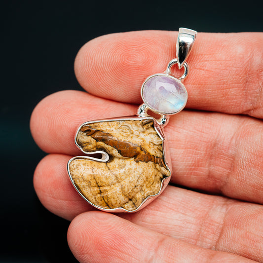 Sterling silver horse pendant with round rainbow moonstone top and picture jasper body