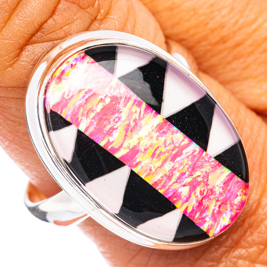 Sterling silver oval opal ring with pink iridescent stone and black-and-white stripes