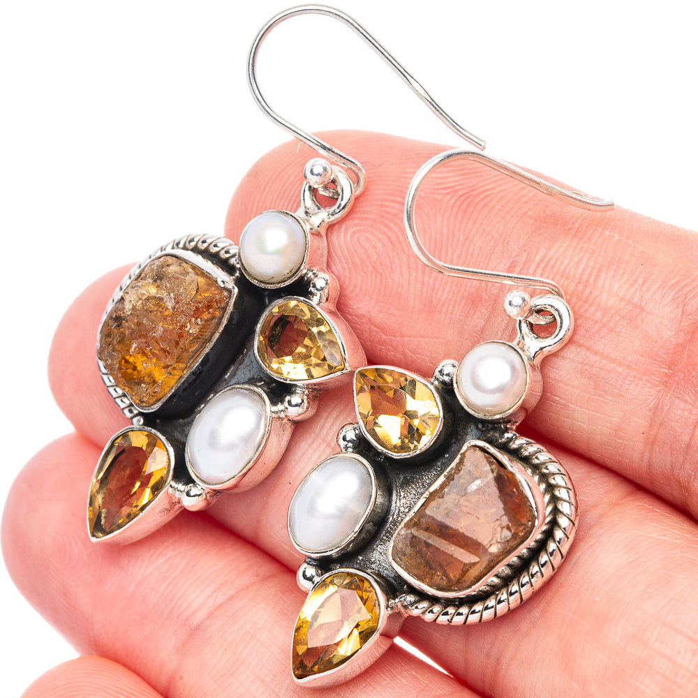 Premium Rough Citrine, Cultured Pearl 925 Sterling Silver Earrings 1 5/8" (925 Sterling Silver) E1230