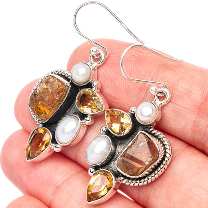 Premium Rough Citrine, Cultured Pearl 925 Sterling Silver Earrings 1 5/8" (925 Sterling Silver) E1230