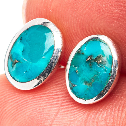 Turquoise oval stud earrings in .925 sterling silver bezel setting
