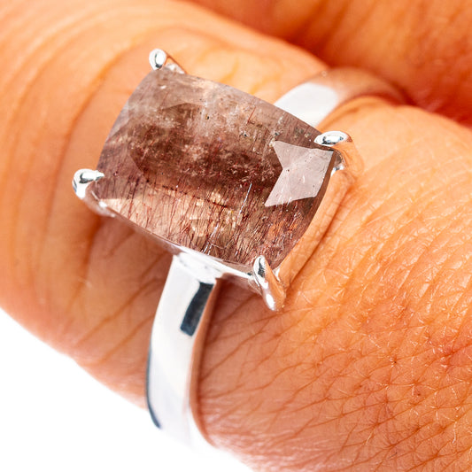 925 sterling silver ring with large square super seven gemstone on hand, prong-set