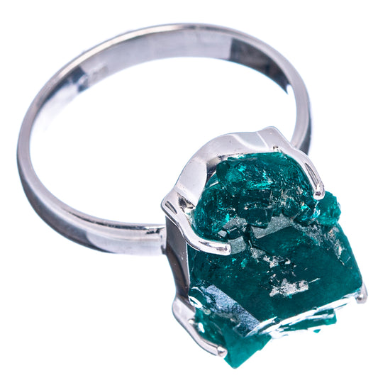 Sterling silver dioptase ring with large rectangular green crystal set in bezel.