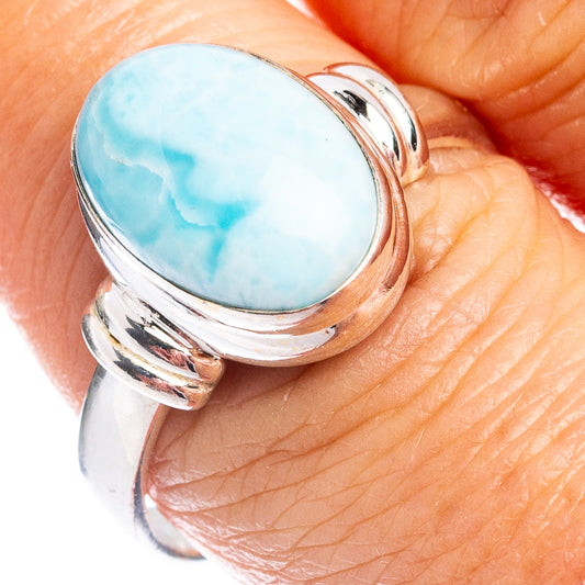 Sterling silver larimar oval cabochon ring, size 9, blue stone on polished band