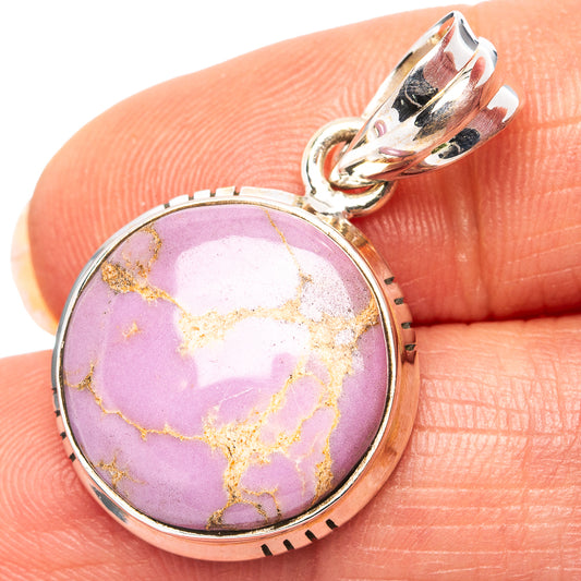 Sterling silver phosphosiderite pendant, round purple cabochon with gold veining
