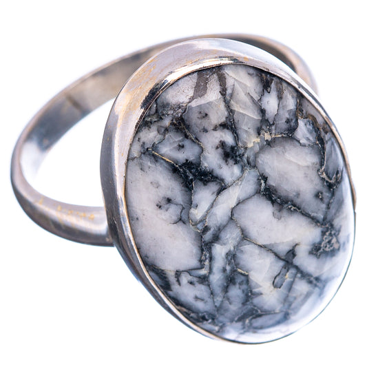 Sterling silver ring with oval pinolith jasper cabochon, side angle, white and black veining