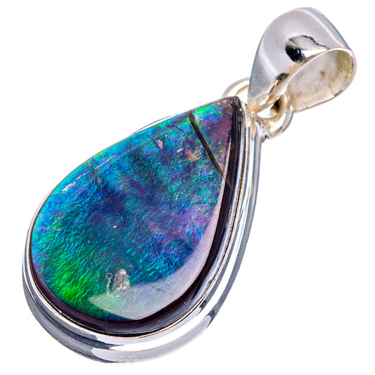 Sterling silver ammolite pendant with teardrop iridescent blue-green stone, loop bail.