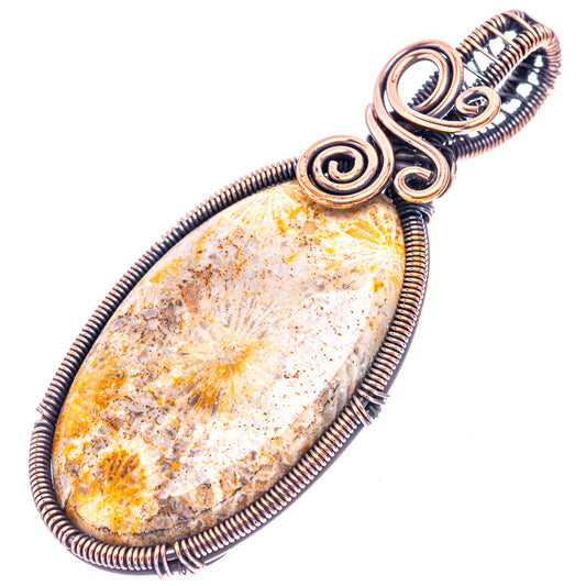 Oxidized copper wire-wrap pendant with oval fossil cabochon and coiled bezel loops
