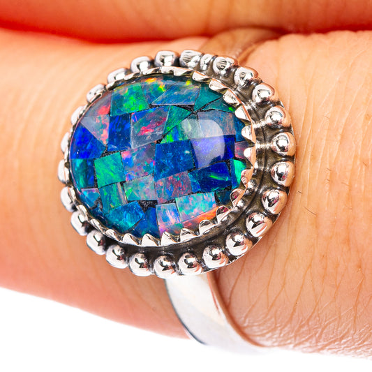 Sterling silver opal ring, size 7.5, blue-green opal cabochon with bead-like edge on hand