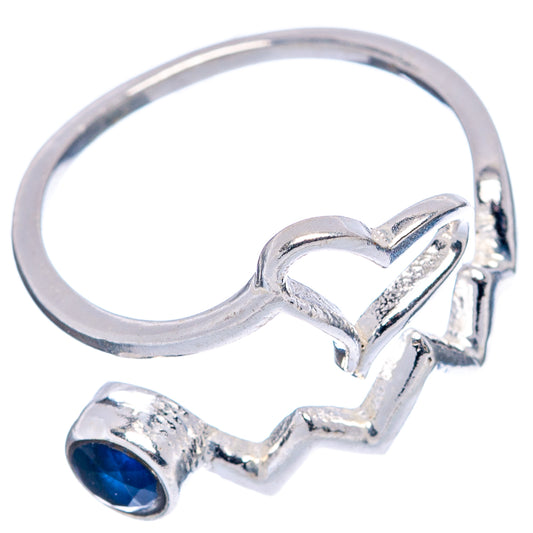 Adjustable sterling silver heart ring with blue round stone, open band