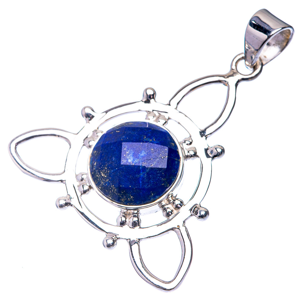 Round lapis lazuli pendant in 925 sterling silver with dangling bail and decorative prongs