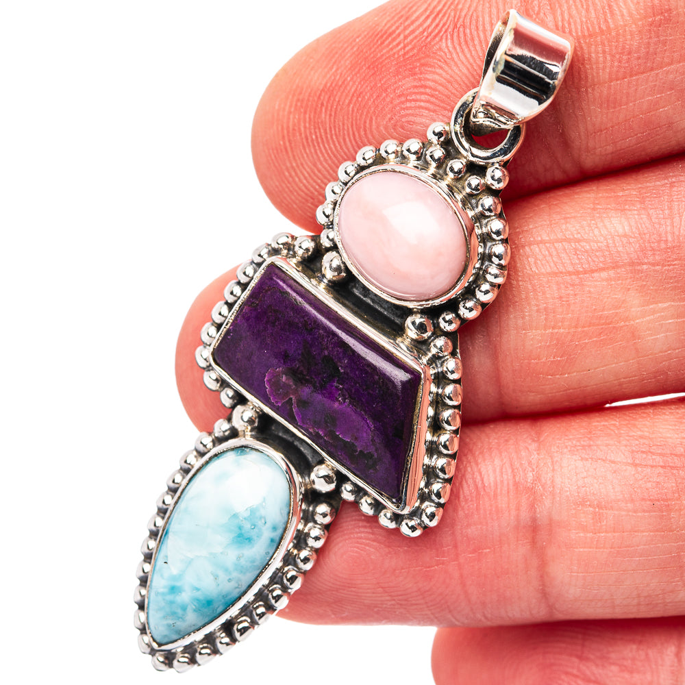 Sterling silver pendant with pink oval opal, purple rectangular sugilite, blue stone drop