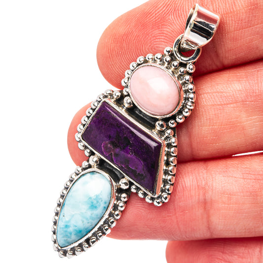 Sterling silver pendant with pink oval opal, purple rectangular sugilite, blue stone drop