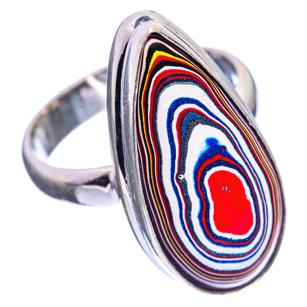 Sterling silver oval statement ring with red, blue, and striped inlay