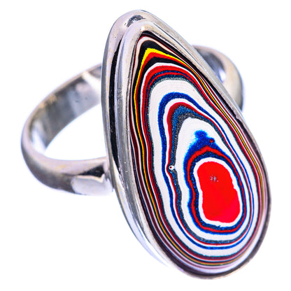 Sterling silver oval statement ring with red, blue, and striped inlay