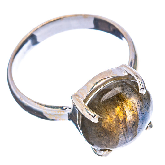 Labradorite ring, .925 sterling silver band with oval stone set in four prongs, golden-blue sheen
