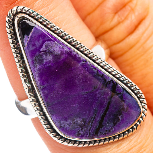 Sterling silver sugilite teardrop ring, ornate bezel with purple stone, size 6.75