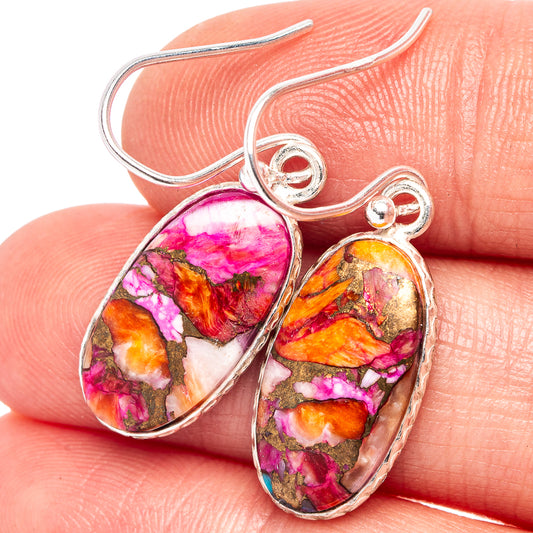 Oval drop earrings in .925 sterling silver with pink, orange, and turquoise mosaic stone.
