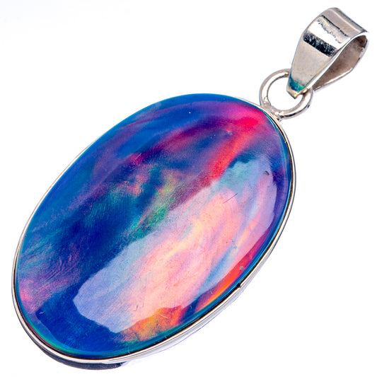 Oval opal pendant with vivid blue, pink, and green swirls, .925 sterling silver bail