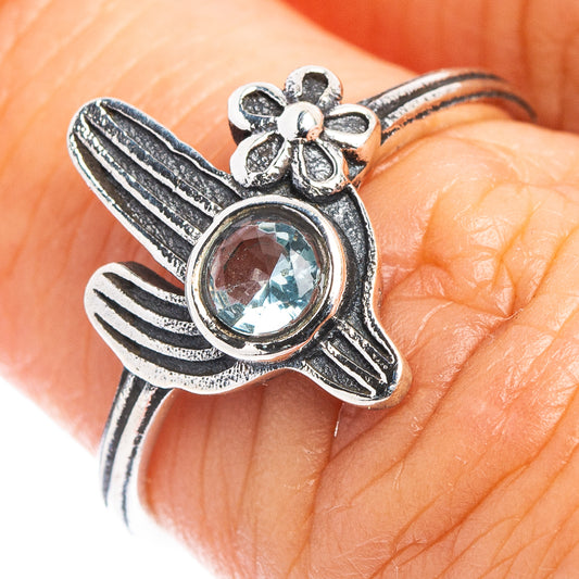 Sterling silver cactus dainty ring with light blue gemstone, flower detail