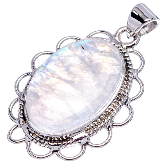 Oval iridescent moonstone pendant, sterling silver frame with looped sides and top bail