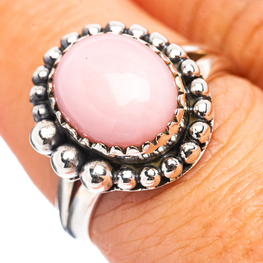 Pink opal cabochon ring, .925 sterling silver with bead halo