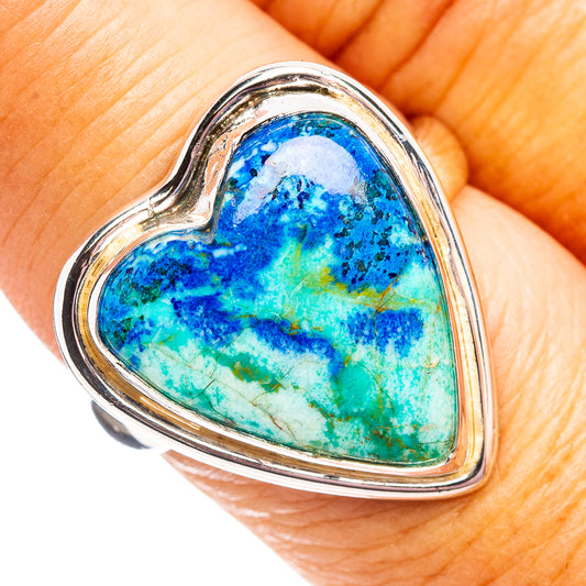 Heart-shaped azurite inlaid sterling silver ring with blue-green stone bezel