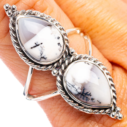 Dendritic opal teardrop sterling silver ring with two white cabochons, size 8.75