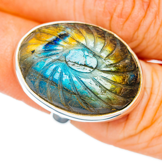 Premium Hand Carved Labradorite Ring Size 5.25 Adjustable (.925 Sterling Silver)