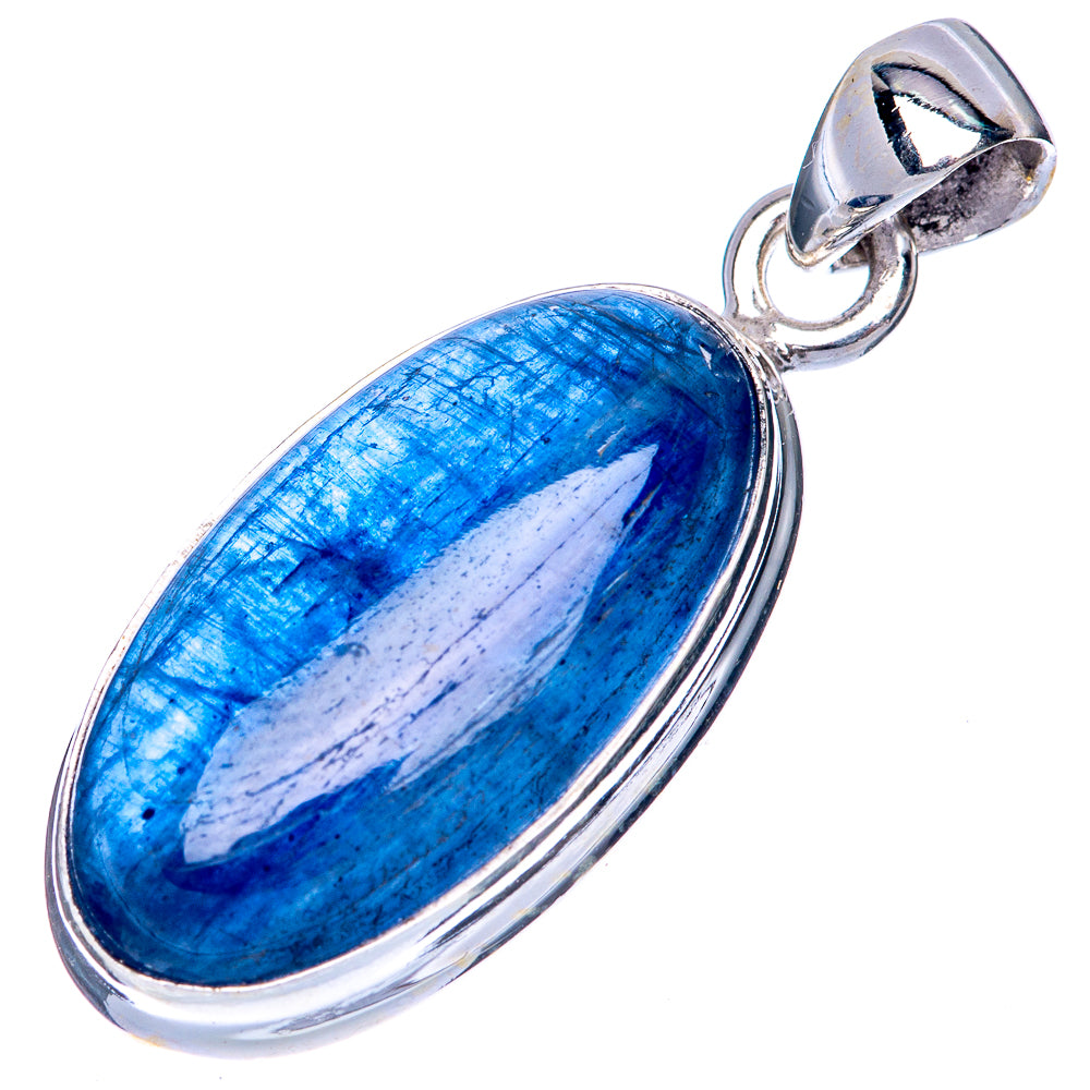Oval blue kyanite set in sterling silver pendant with bail loop