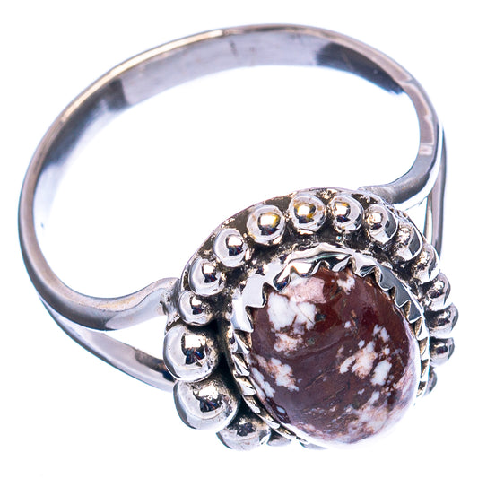 Wild Horse Jasper ring in .925 sterling silver, oval marbled brown cabochon with halo of beads