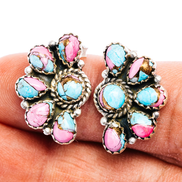 Exclusive Southwestern Style Cotton Candy Turquoise Half Cluster Earring 7/8" (.925 Sterling Silver)