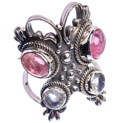 Large Pink Tourmaline, White Quartz 925 Sterling Silver Ring Size 6.75