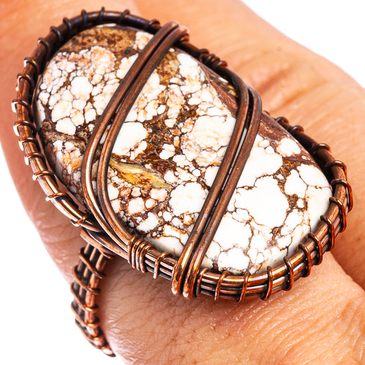 Oxidized copper wire-wrap ring with wild horse jasper center, white/brown marbled stone.
