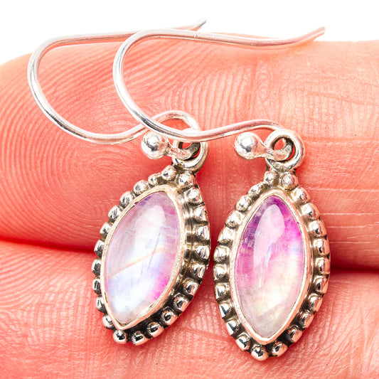 Oval pink iridescent moonstone dangle earrings, sterling silver bezel and ornate details