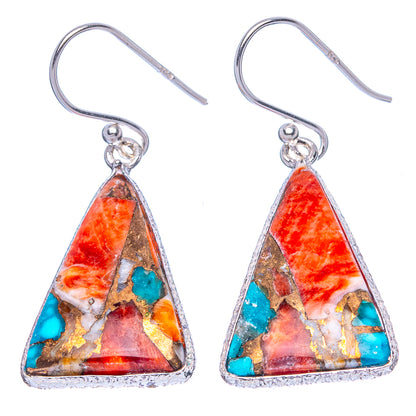 Pair of triangular turquoise and orange inlay drop earrings with sterling silver hooks