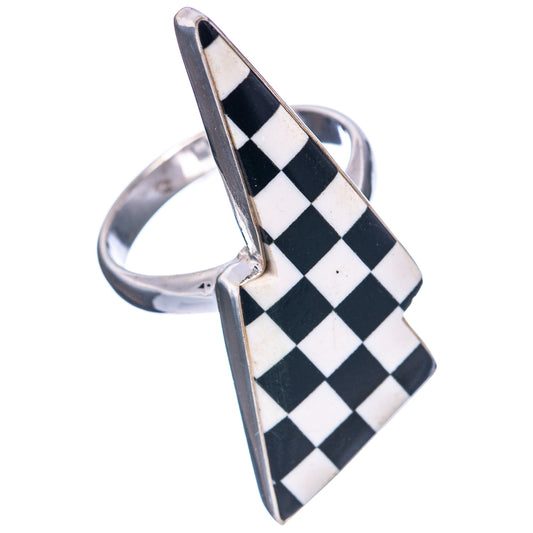 Checkered onyx bolt ring in .925 sterling silver, angled view with white and black checkerboard